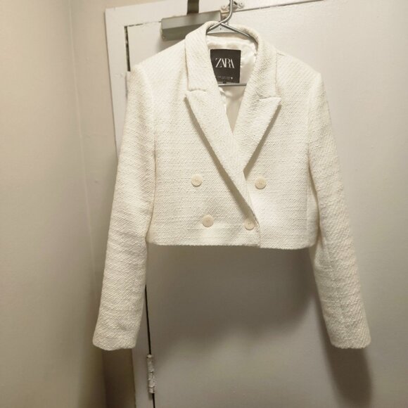 ZARA Women’s Cropped Double-Breasted Blazer – White – Size XL - Picture 1 of 11